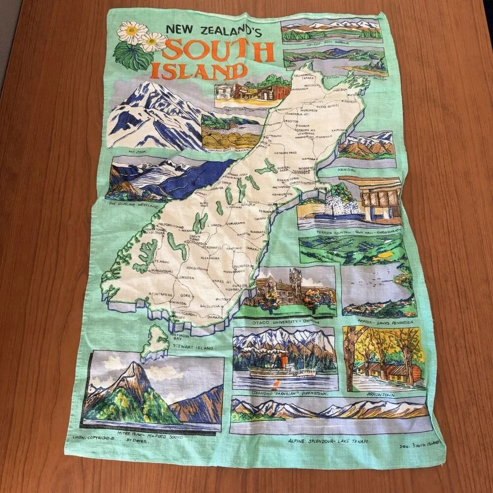 New Zealand South Island Linen Tea Towel Map Scenic Souvenir 17